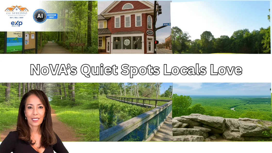 This blog cover image highlights GG Sfreddo alongside serene scenes from Northern Virginia, inviting readers to explore NoVA’s best-kept quiet spots that locals truly appreciate.