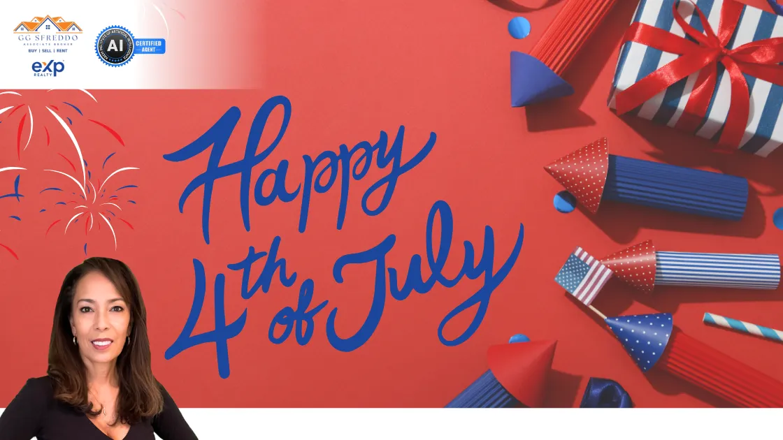 A festive Fourth of July graphic features red, white, and blue decorations with fireworks and gift boxes, bold text reading “Happy 4th of July,” and a professional woman—branded as a certified AI real estate agent—smiling in the lower left corner.