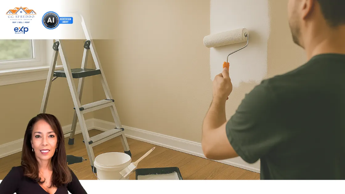 A man is repainting a beige wall white with a roller brush while a ladder, paint supplies, and GG Sfreddo’s branded overlay featuring her headshot and logo are positioned in the scene, emphasizing a DIY home improvement theme.