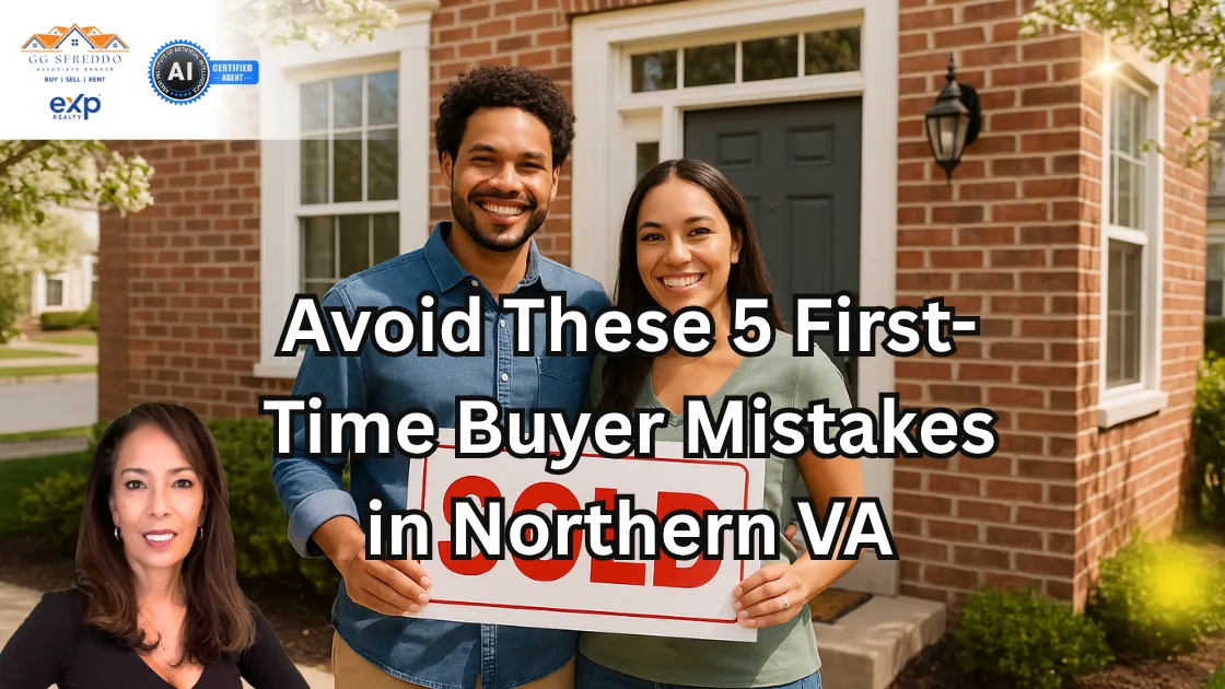 A smiling young couple stands in front of a brick townhouse in Northern Virginia holding a red and white "SOLD" sign. The blog cover includes the text "Avoid These 5 First-Time Buyer Mistakes in Northern VA" and features GG Sfreddo’s photo and real estate branding in the top left corner. Trees are in bloom, and the day is sunny and bright.