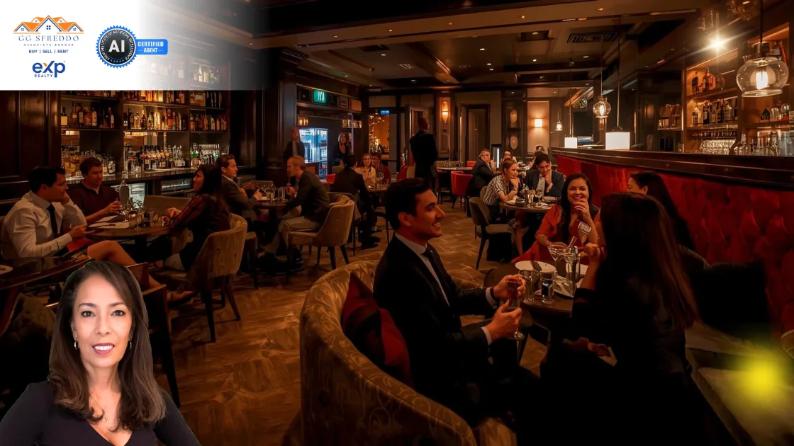 Guests enjoying cocktails and conversation at a cozy Washington DC bar with no phones in sight.