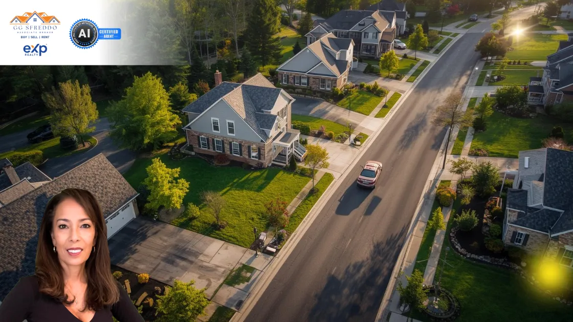 Aerial view of suburban homes in Northern Virginia with green lawns and tree-lined streets under morning sunlight.