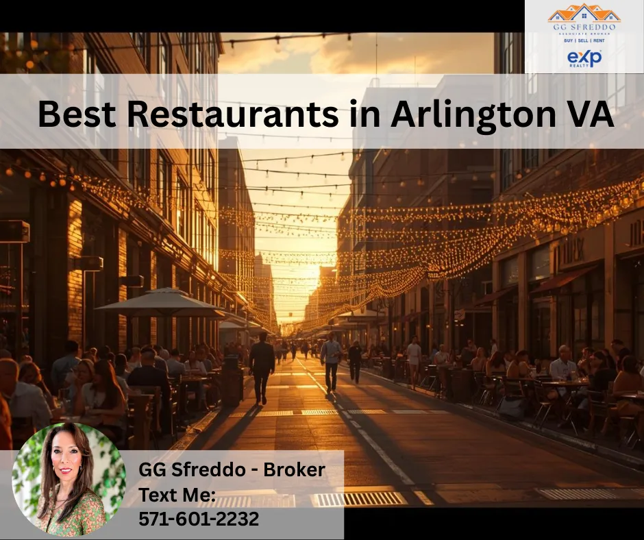 Arlington VA street with outdoor dining restaurants at sunset, lively atmosphere with people enjoying food and city lights.