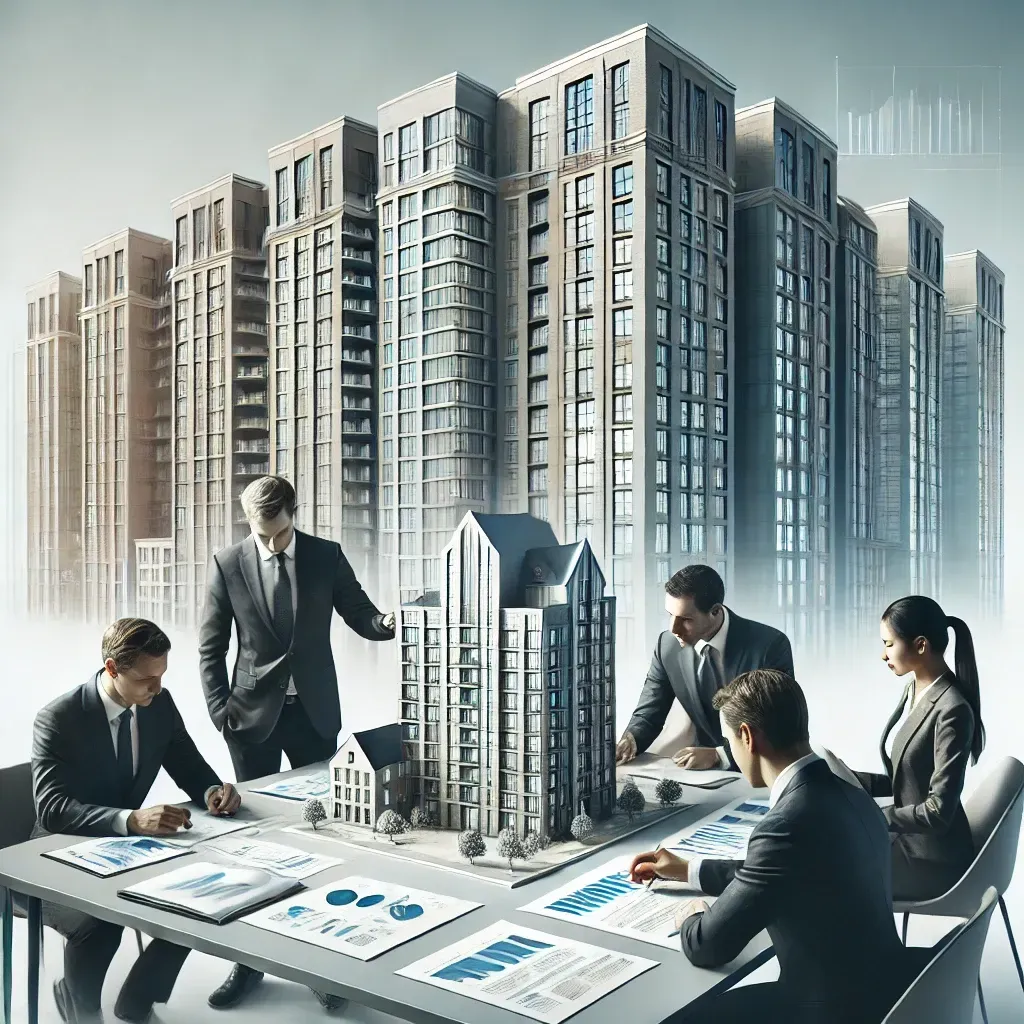 "Illustration of real estate syndication showing diverse investors collaborating around a table with charts and a model of a commercial building in the background, symbolizing teamwork and partnership in property investment.