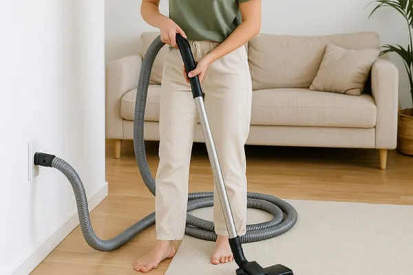 Woman enjoying hassle-free cleaning with a modern central vacuum system.