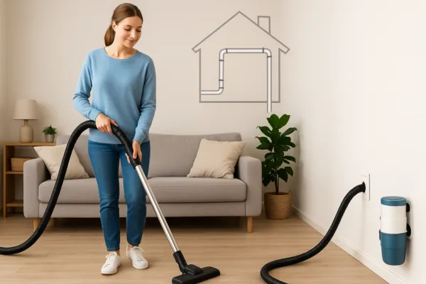A woman using a modern central vacuum system to clean her home, showing the wall inlet and hose in use.