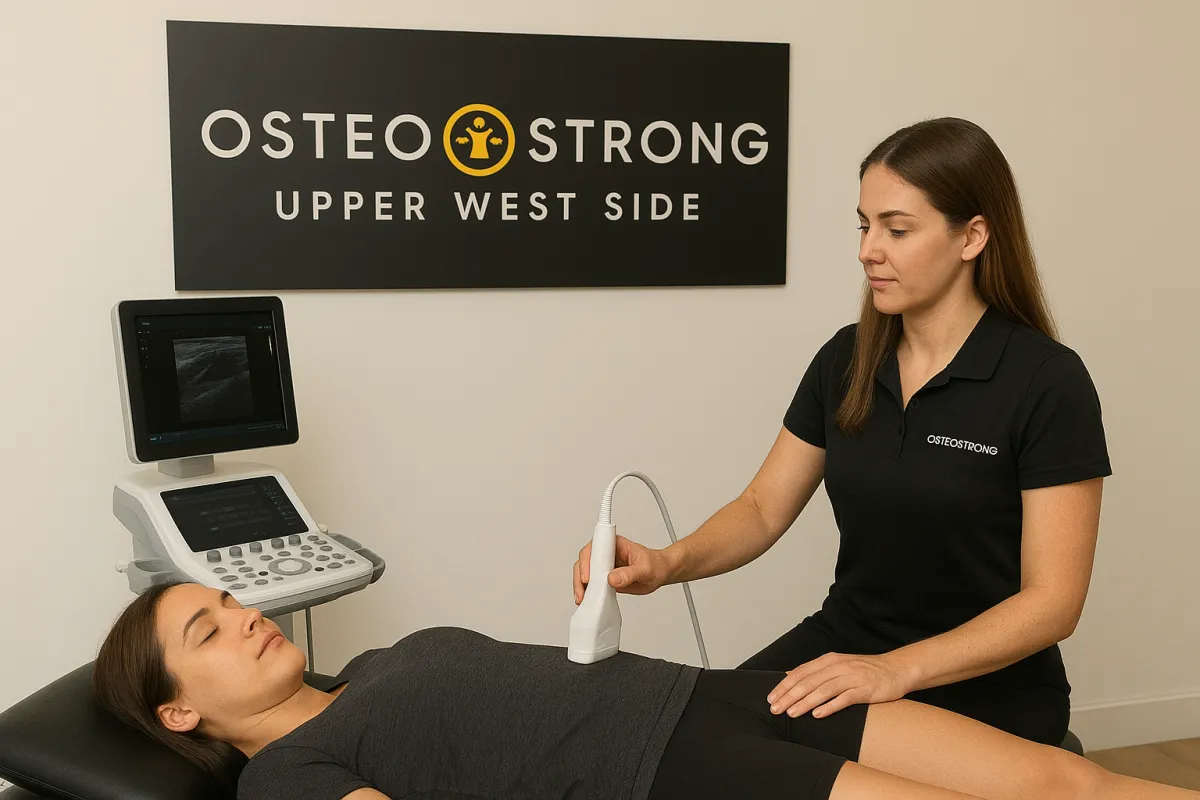 Woman receiving REMS bone density scan with ultrasound technology at OsteoStrong Upper West Side wellness studio