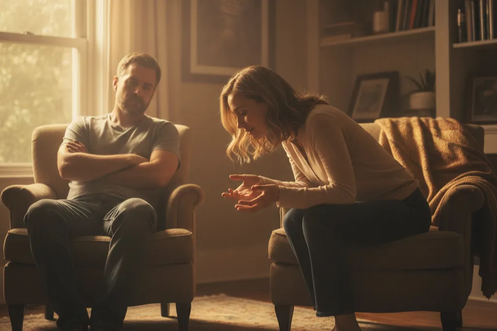 Two people reconnecting after an emotional moment, symbolizing grace, repair, and human connection