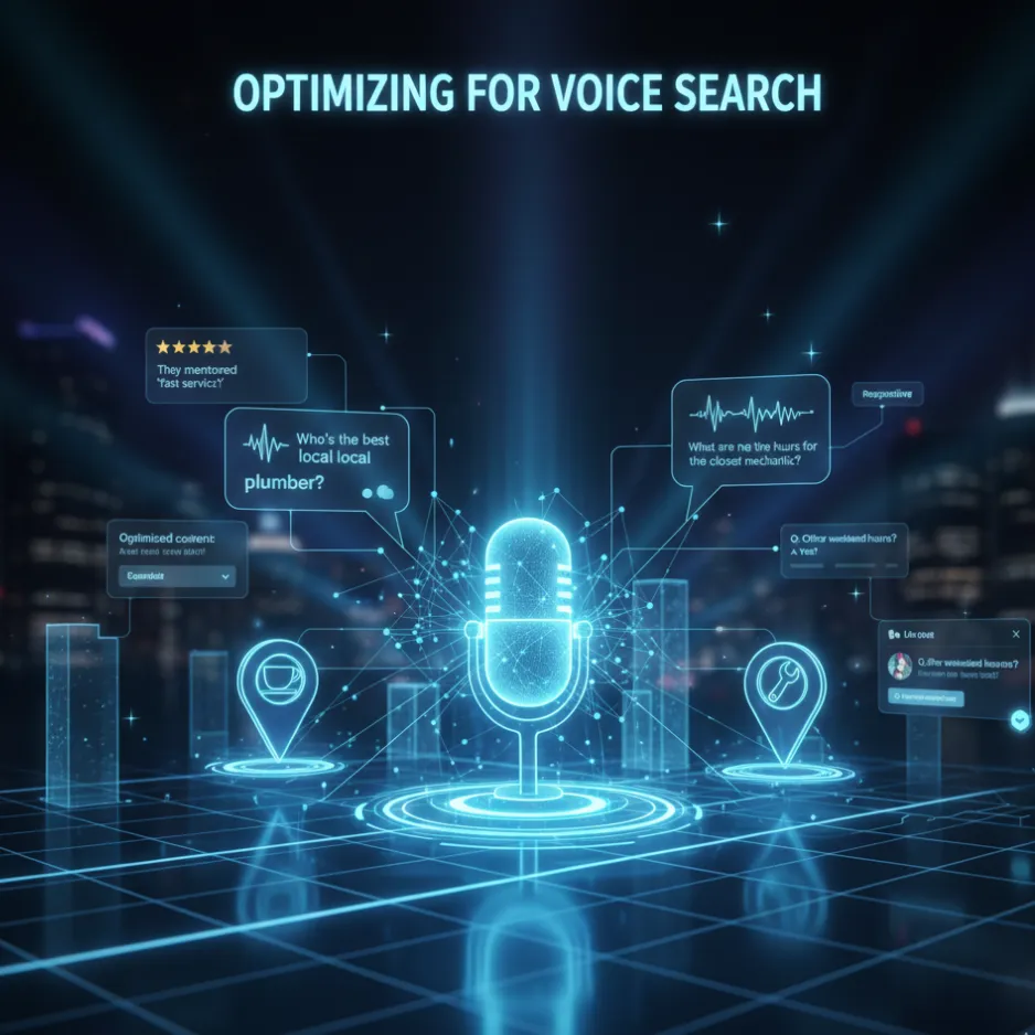 Optimizing for Voice Search microphone in cartoon around the SEO terms