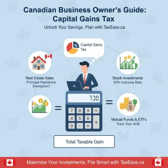 An infographic-style image showing a Canadian business owner calculating taxes, with icons of houses, stocks, and mutual funds representing capital gains sources.