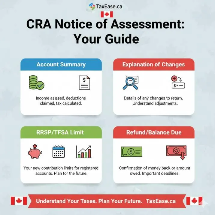an infographic that visually breaks down the sections of a CRA Notice of Assessment: Account Summary, Explanation of Changes, RRSP Limit, Refund/Balance Due. Use Canadian tax-related icons and a clean modern design