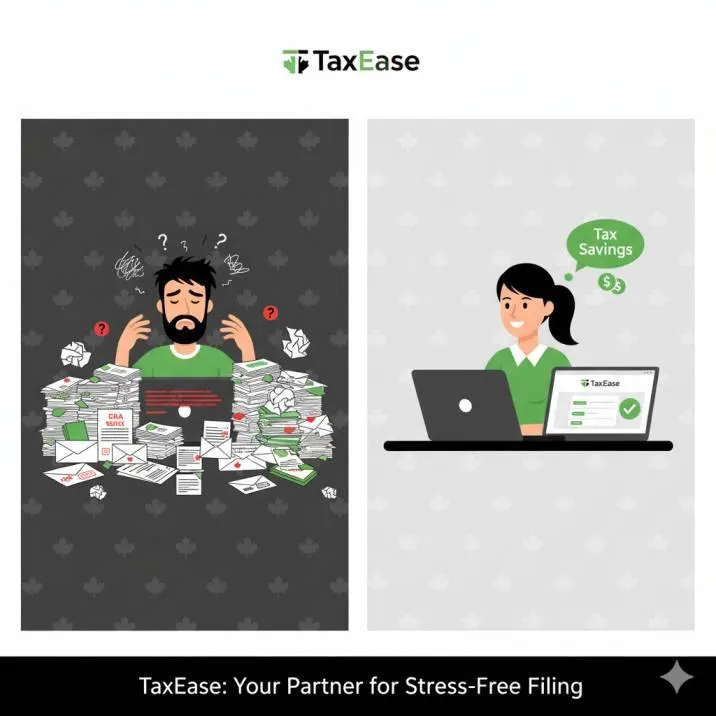 An illustration of a stressed Canadian taxpayer surrounded by tax slips and CRA notices, contrasted with a calm person smiling at a laptop with TaxEase branding