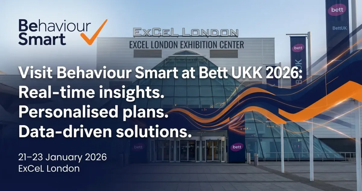 Professional blog cover showing the ExCeL London with Behaviour Smart branding for Bett UK 2026, highlighting real-time insights and data-driven behaviour solutions.