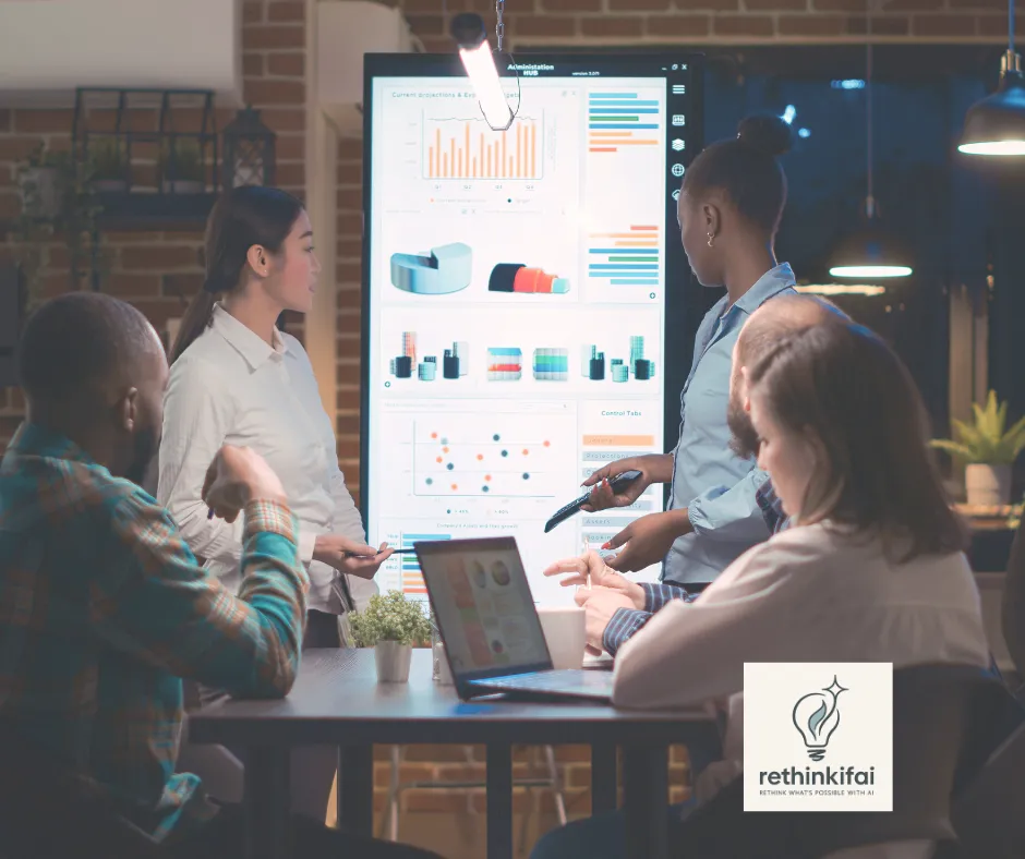 A diverse group of professionals collaborates in a modern office, gathered around a large digital screen displaying colorful charts and graphs. One woman points to the visuals while others engage in discussion, with laptops open on the table. The Rethinkifai logo is visible in the corner, emphasizing AI-powered business solutions.