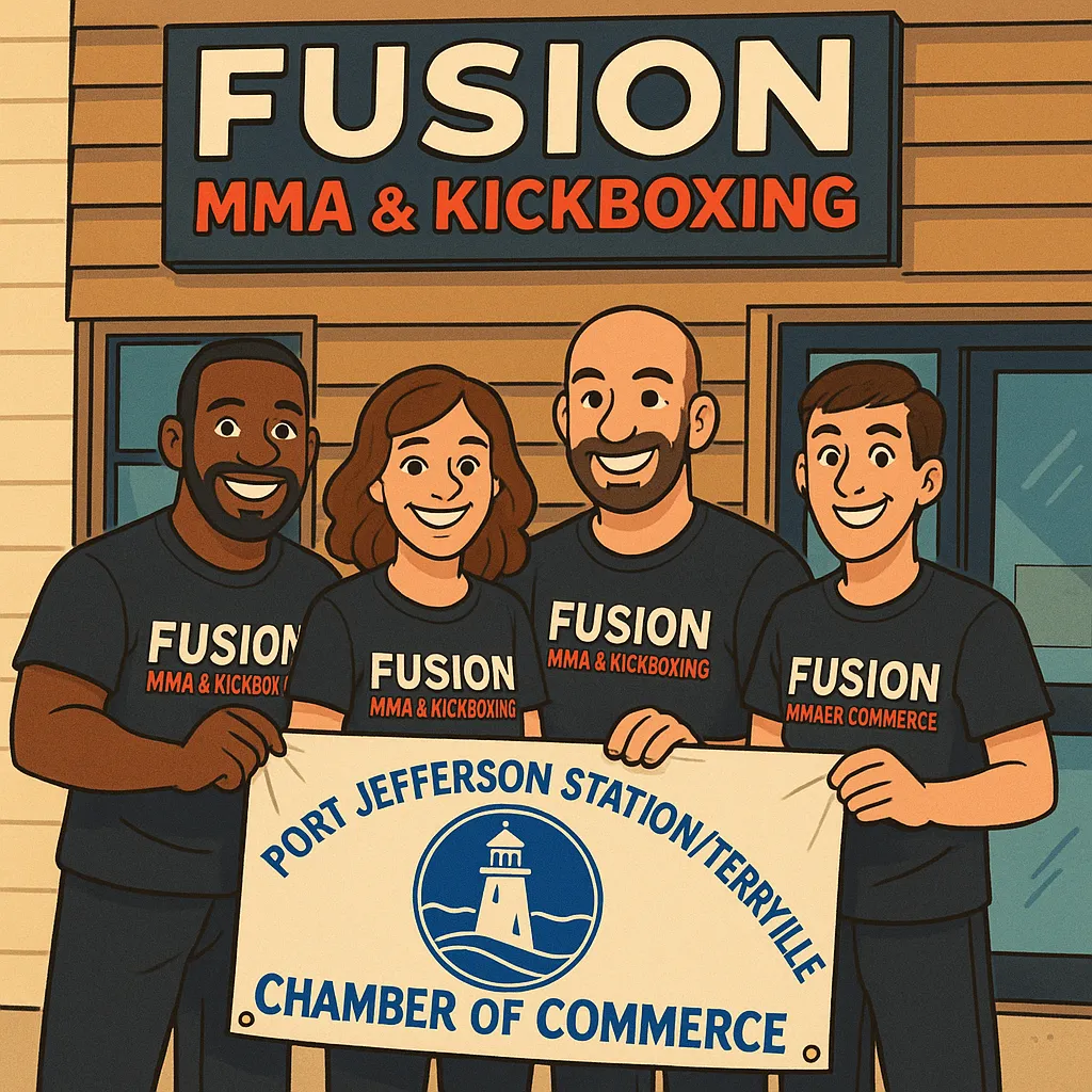 A group photo of Fusion MMA & Kickboxing instructors outside the gym in Port Jefferson Station with a chamber of commerce banner. Caption: Fusion MMA & Kickboxing proud to serve our local community through the Port Jefferson Station/Terryville Chamber.