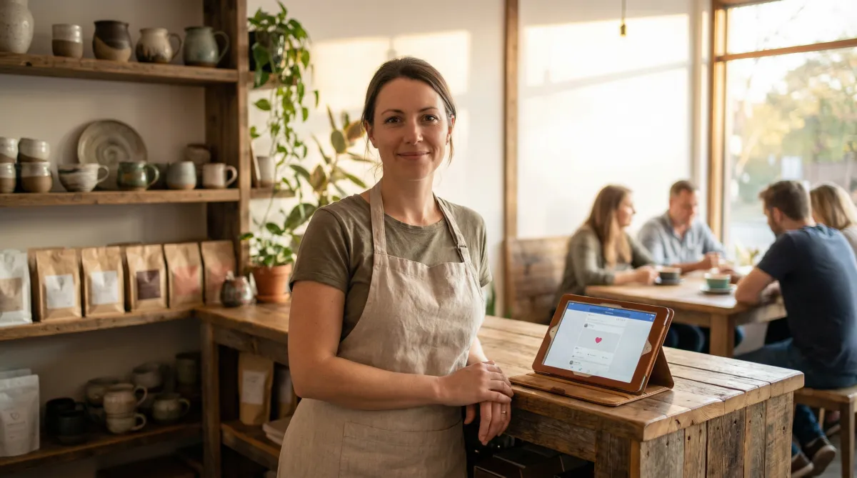 A confident small business owner in their cafe/shop with social media as a supportive element, not the focus. Warm, empowering, and human-centered.