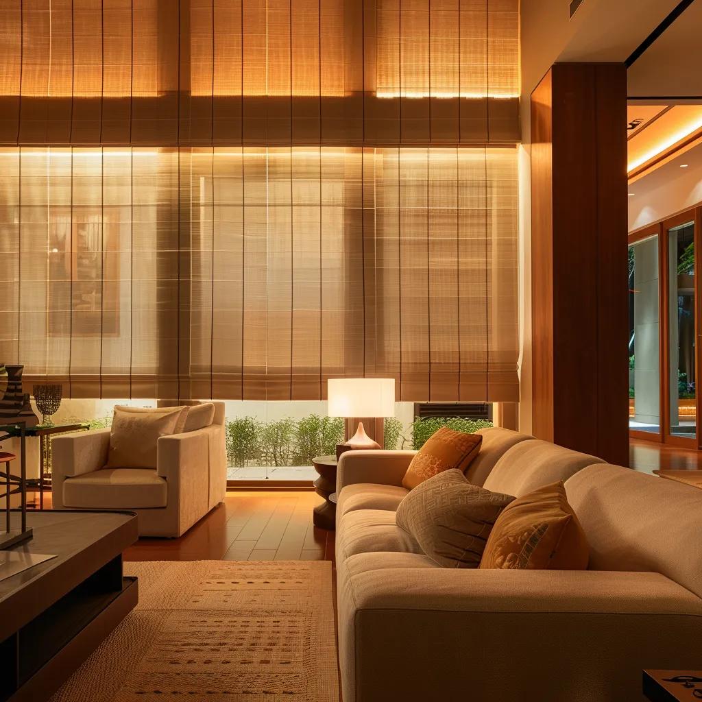 a chic, modern living room showcases elegant custom window treatments that perfectly blend functionality with stylish decor, illuminated by warm, ambient lighting, accentuating the rich textures and refined patterns of the fabrics.