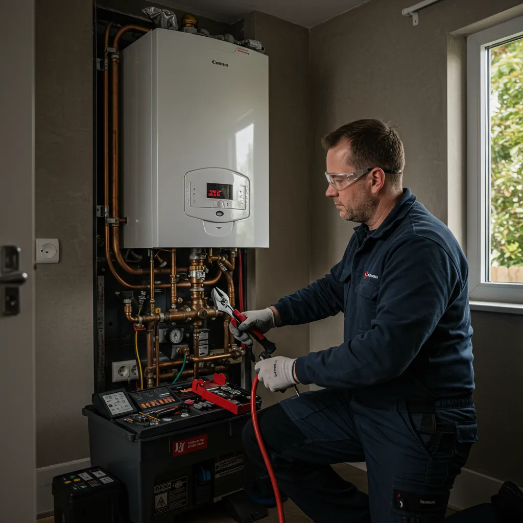 Gas Safe engineer inspecting a boiler in a Glasgow rental, completing a CP12 safety check.