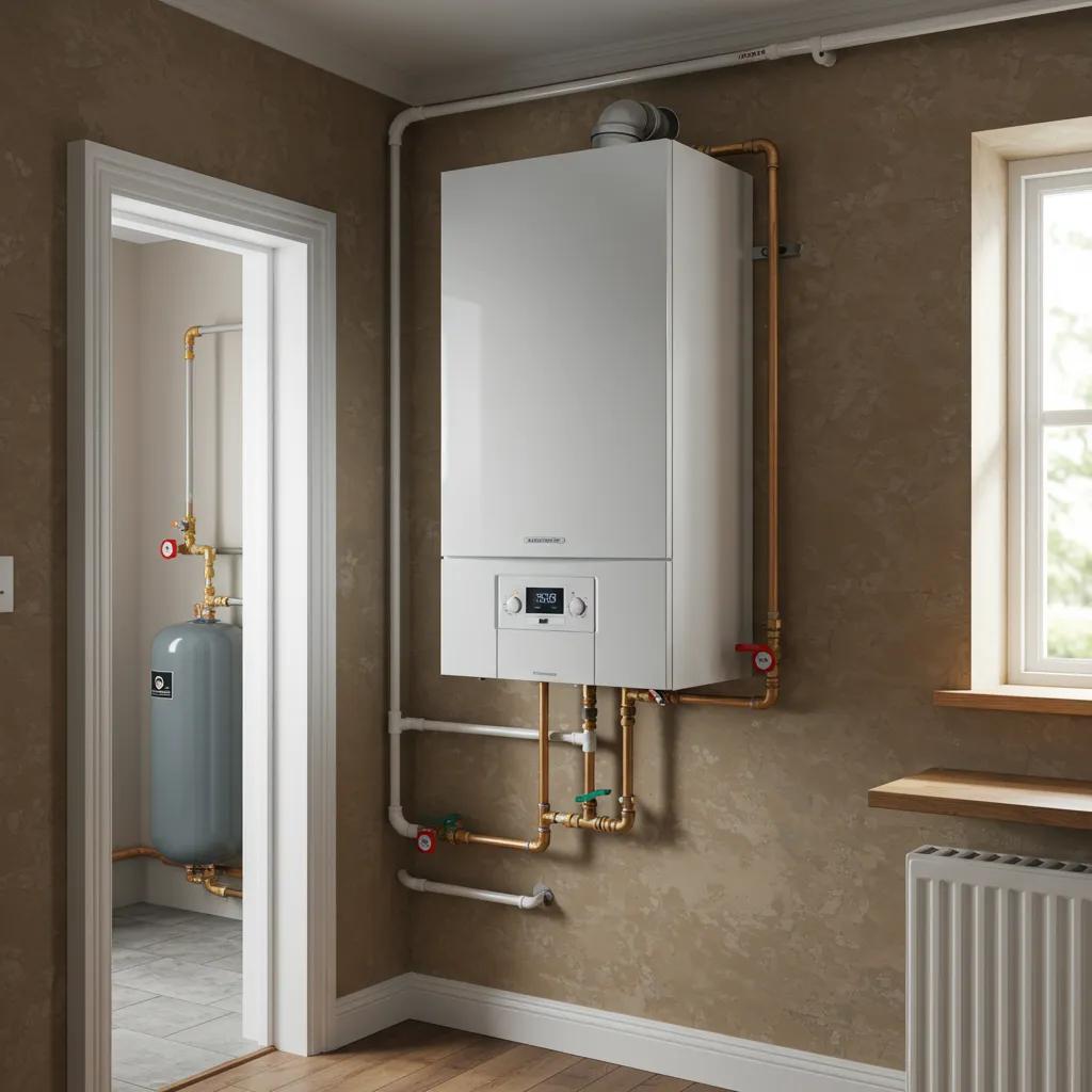 Gas Safe engineer installing a modern system boiler and hot water cylinder in a Glasgow homeGas Safe engineer installing a modern system boiler and hot water cylinder in a Glasgow home
