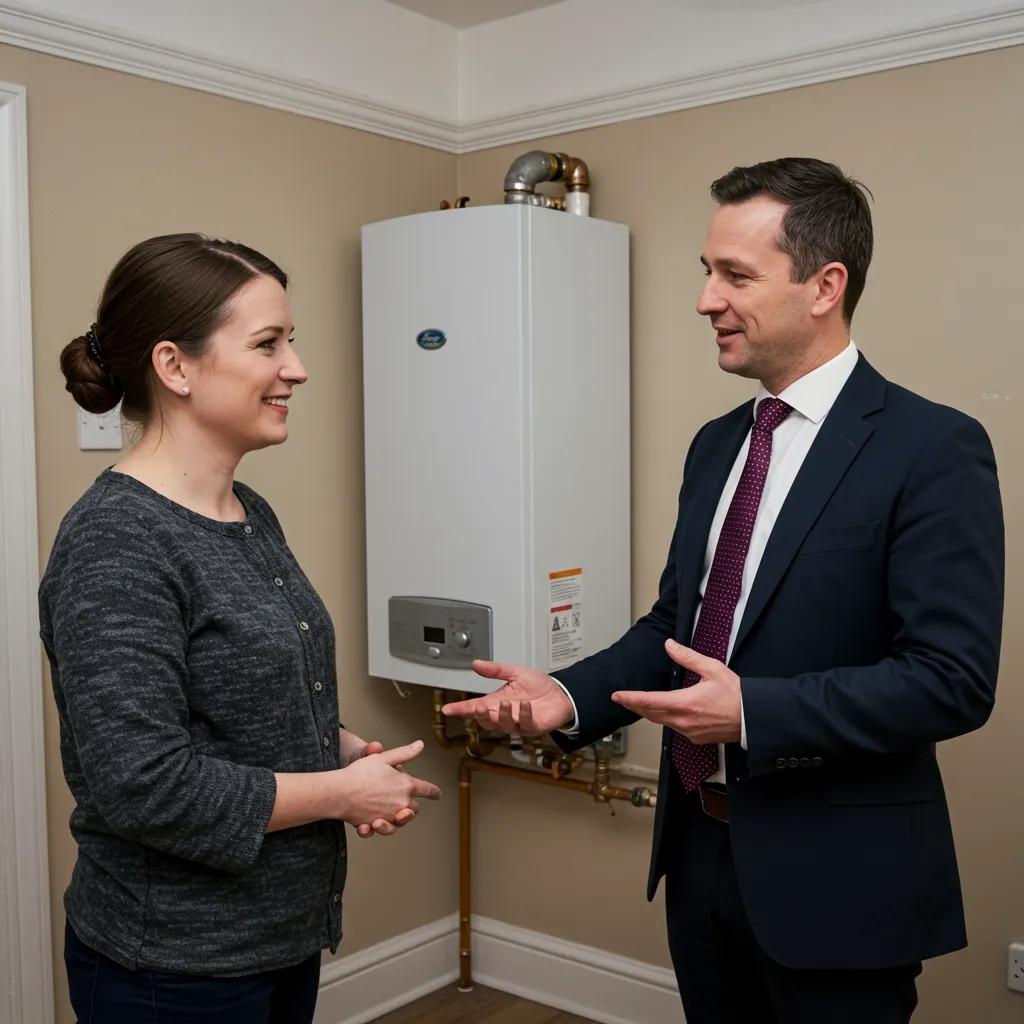 Landlord dicussing boiler cover with customer