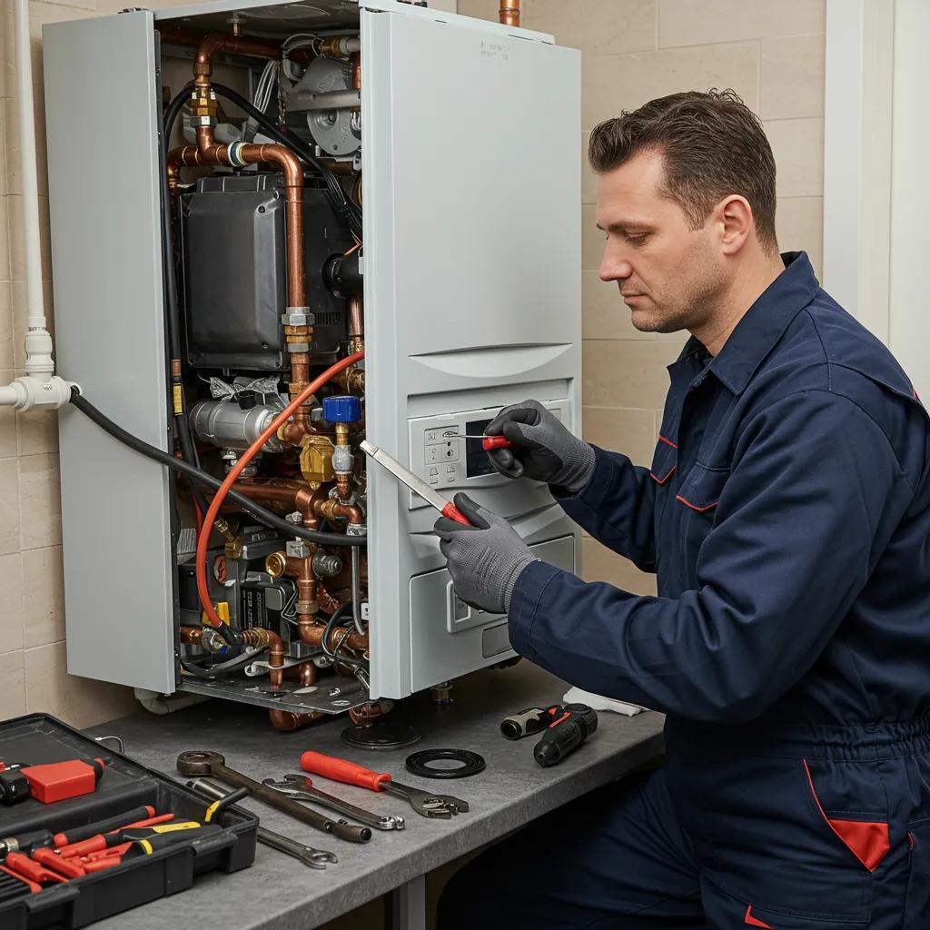 Technician inspecting a modern boiler