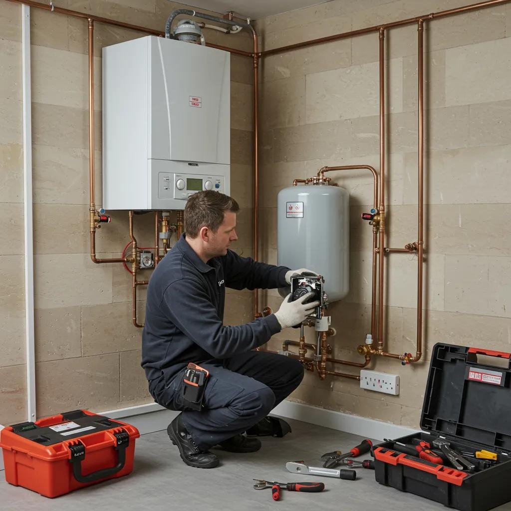 Gas Safe engineer fitting a system boiler and hot water cylinder in a modern Glasgow utility room.