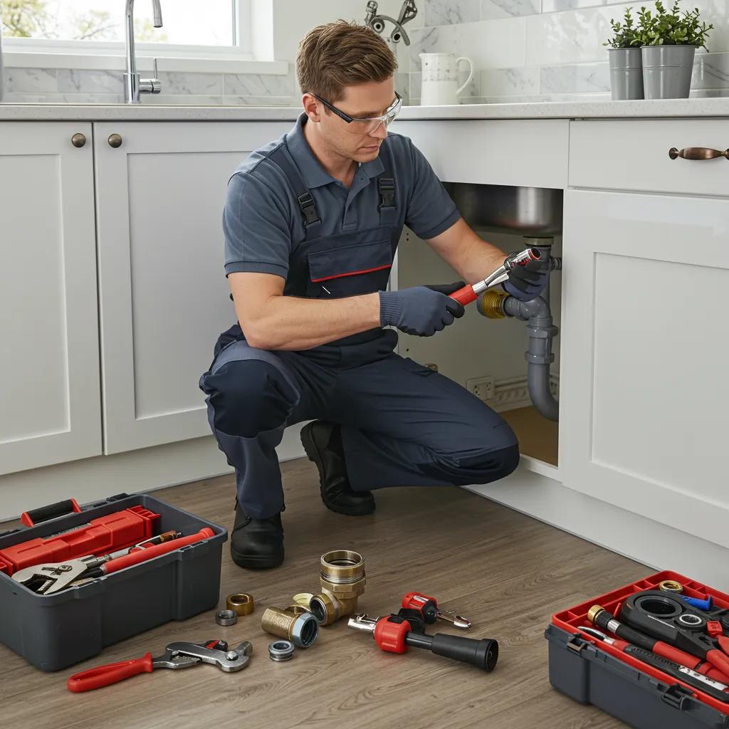 Gas Safe plumber fixing a pipe beneath a sink in a Renfrewshire home, tools visible.