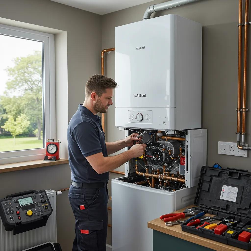 Gas Safe engineer diagnosing a Vaillant EcoTEC boiler in a Scottish home.