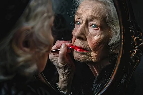 Old woman looking in the mirror apply red lipstick