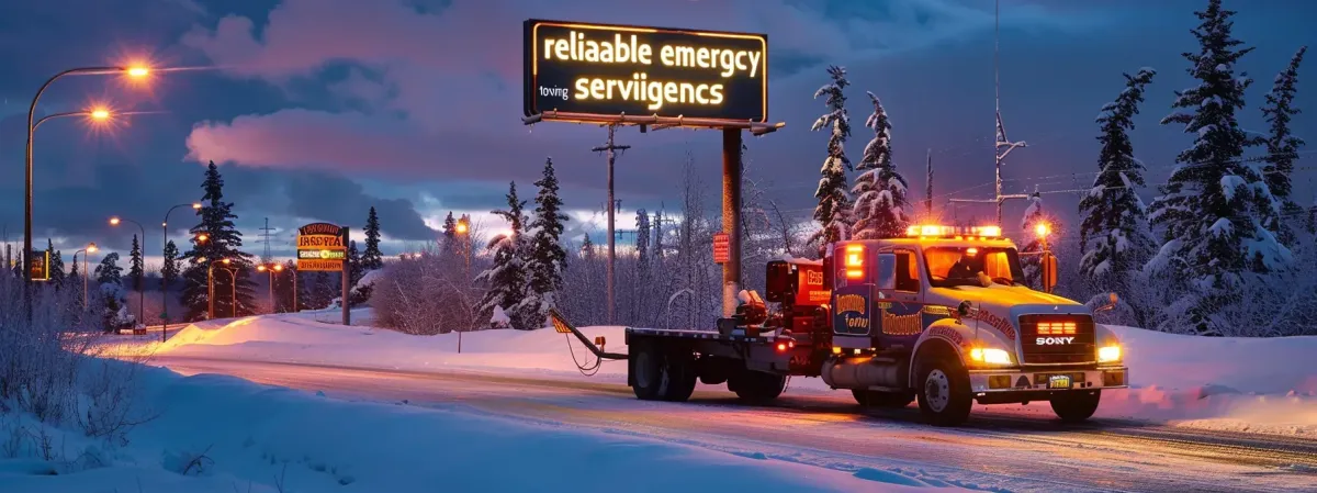 a tow truck with bright flashing lights and a "reliable emergency towing services" sign parked on a snowy road in anchorage, alaska, ready to assist.