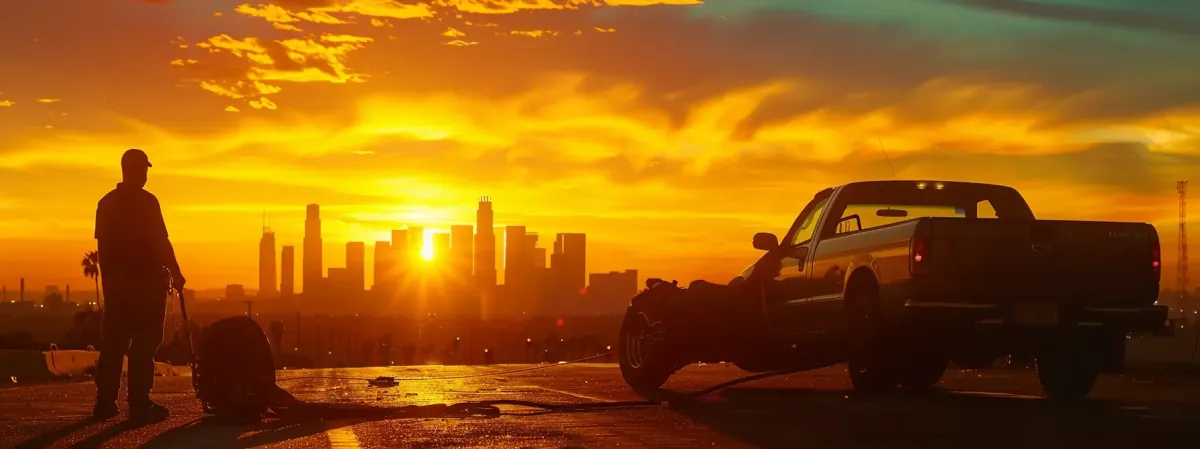 a tow truck driver swiftly changing a flat tire at sunset with the city skyline in the background