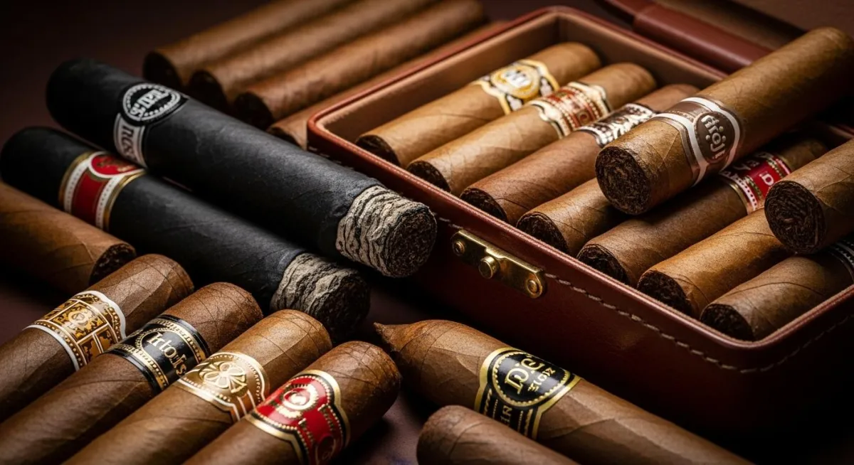 Close-up of premium cigars arranged in a wooden box, showcasing rich textures and luxurious craftsmanship