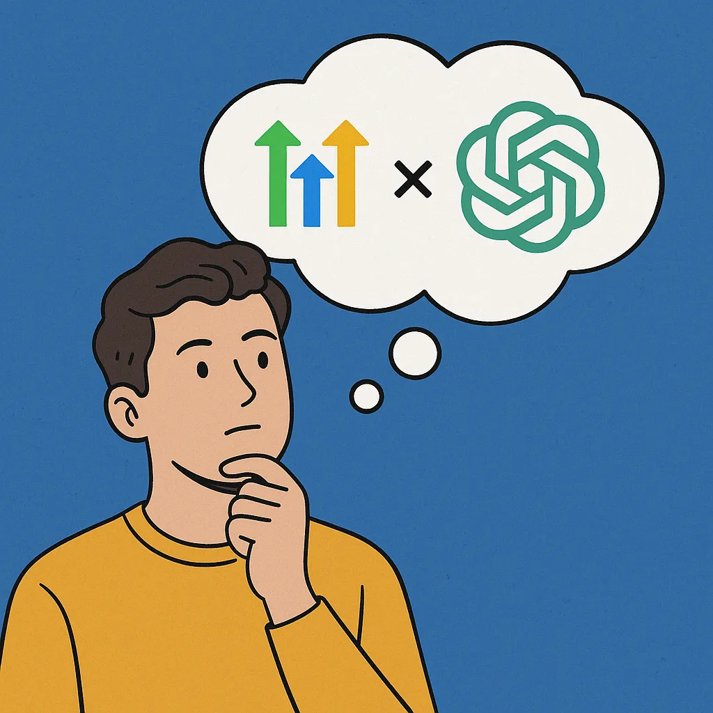 Illustration of a thoughtful person with a thought bubble containing the GoHighLevel and ChatGPT logos, representing AI-powered CRM solutions for small businesses.