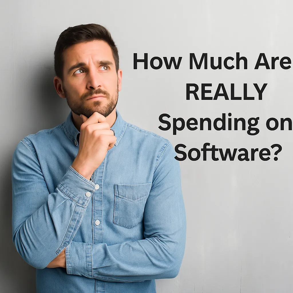 Thoughtful man in denim shirt looking concerned, with text asking 'How Much Are You REALLY Spending on Software?' — highlighting small business tech costs.