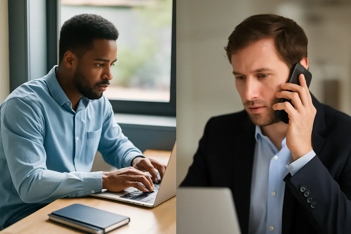 Two professional men working in separate settings: one typing on a laptop in a bright office, the other speaking on the phone, both focused on their tasks.