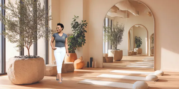 A serene spare bedroom transformed into a minimalist yoga and meditation space, with a clear floor, soft natural light, a yoga mat, and simple wall shelving with neatly arranged plants and essentials.