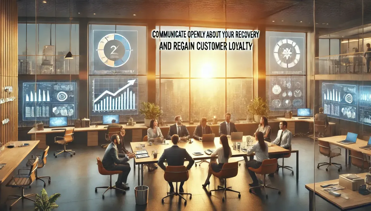 Business professionals engaging in a discussion with speech bubbles and connection icons, representing the importance of open communication during recovery to rebuild customer trust and loyalty.