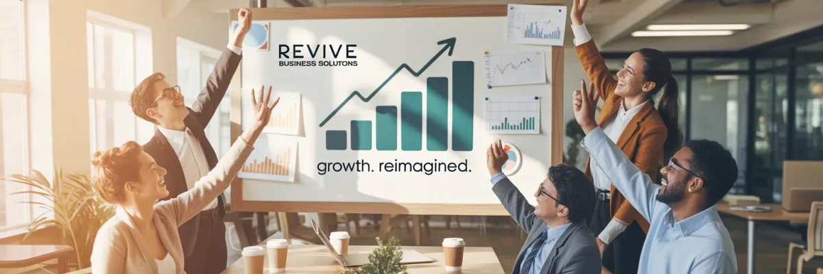 A diverse team of professionals celebrates in a modern office, pointing at a large growth chart with upward-trending bars and arrows, symbolizing clear signs that a business is recovering well.