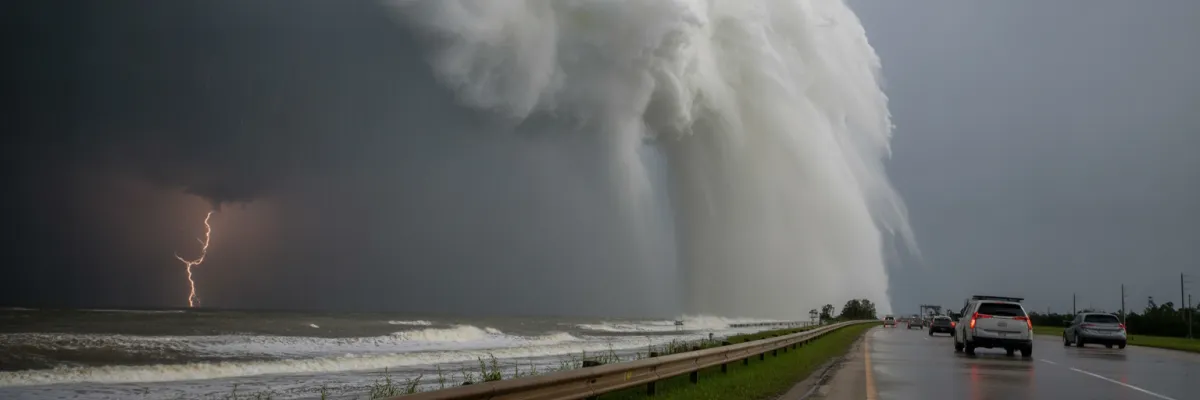 A dramatic photo of a massive hurricane with lightning striking over the ocean, as cars drive along a coastal road. This image represents the power of major hurricanes and highlights the importance of recovery planning for businesses.
