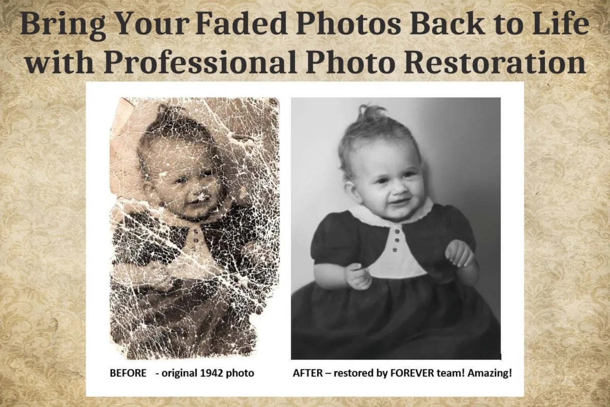 Before and after comparison of a restored 1942 baby photo, showcasing the transformation from a heavily damaged and faded original to a clear, restored image by the FOREVER photo restoration team.