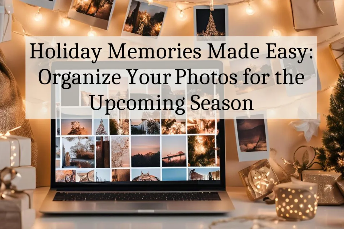 Festive holiday scene with a laptop displaying a collage of holiday photos. Surrounding the laptop are holiday decorations, including string lights, gift boxes, and a small Christmas tree, creating a warm and cozy atmosphere.