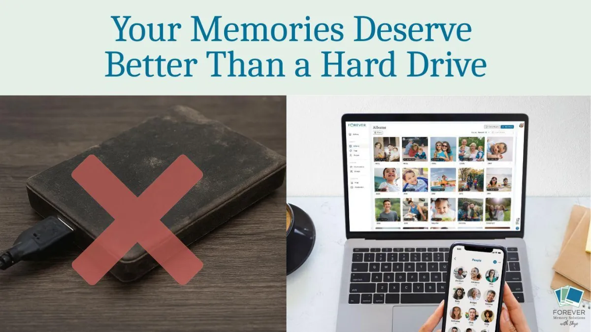 A split-screen image comparing memory storage options. On the left, a dusty external hard drive with a red “X” overlay symbolizes outdated, risky storage. On the right, a clean laptop screen displays an organized FOREVER® digital photo library with labeled albums like “Vacations” and “Holidays,” accompanied by a hand holding a phone showing the FOREVER mobile app. Text above reads, “Your Memories Deserve Better Than a Hard Drive.” The FOREVER Memory Solutions with Skye logo appears in the bottom right.
