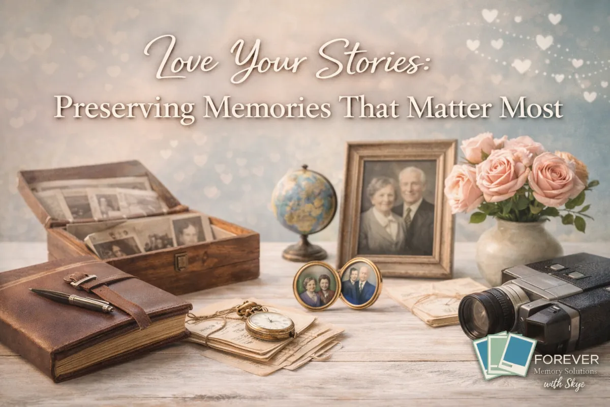 Soft, nostalgic cover image with a keepsake box of old photos, framed family portraits, handwritten letters, and flowers on a light wooden surface, titled “Love Your Stories: Preserving Memories That Matter Most.”