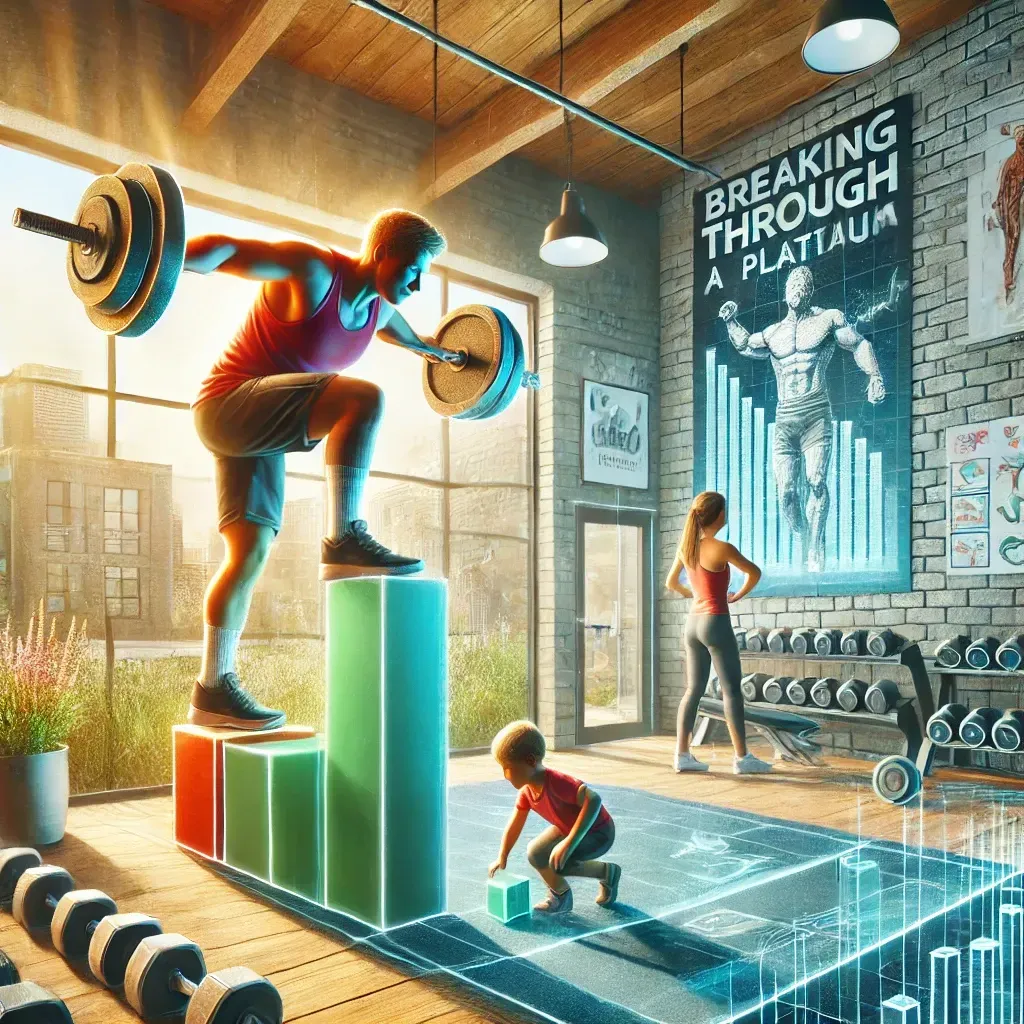 Illustration motivante d'une personne dans une salle de sport moderne surmontant un obstacle d'entraînement, symbolisant la progression après un plateau. Un parent soulève des poids tandis qu'un enfant joue en toute sécurité dans une zone dédiée. Atmosphère lumineuse et énergisante.