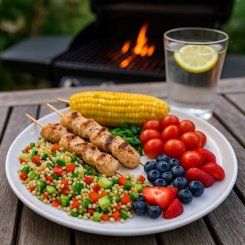 Assiette estivale contenant brochettes de poulet, salade de quinoa, maïs grillé, tomates cerises et fruits rouges, servie à l’extérieur près d’un BBQ.