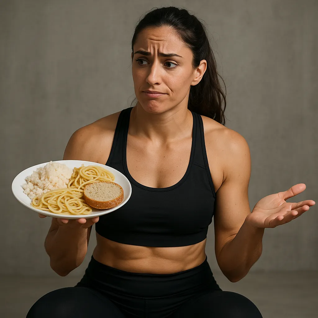 Une athlète en tenue d’entraînement regarde d’un air hésitant une assiette de pâtes et de riz, symbolisant le dilemme autour des glucides et de leur rôle dans la performance sportive.