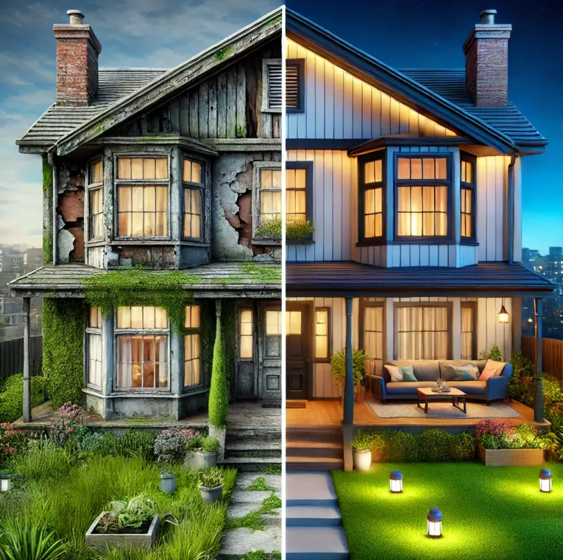 Split-view image of a house showing a dramatic transformation—one half is aged with peeling paint, cracked walls, and an overgrown lawn, while the other half is fully renovated with fresh paint, modern fixtures, and a well-manicured lawn, illustrating the impact of smart home upgrades.