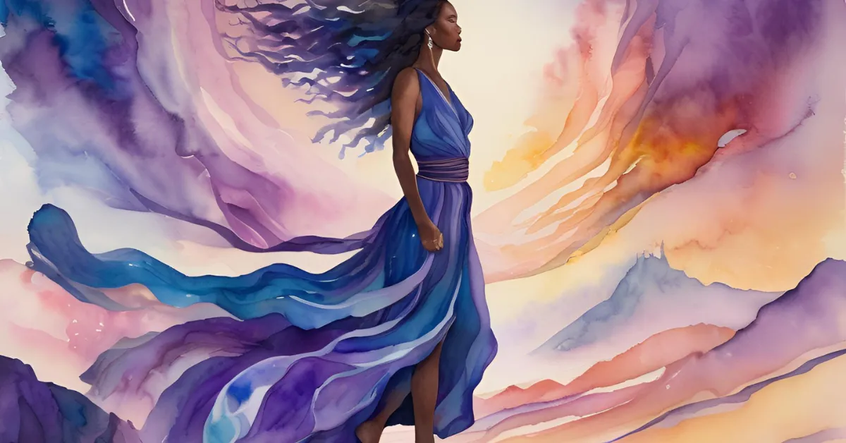 An artistic illustration of a woman in a flowing blue dress walking confidently through a dreamy, watercolor landscape. Swirling shades of purple, pink, and orange blend with soft mountains in the background, creating a sense of movement and empowerment.