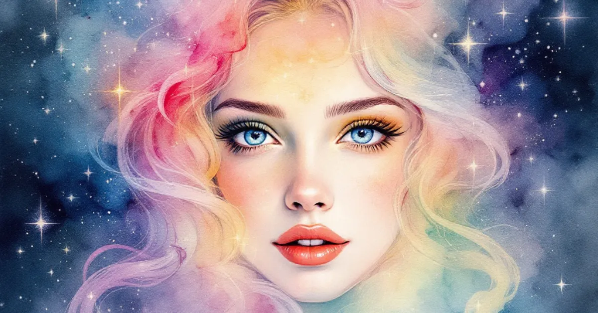 An ethereal illustration of a woman with bright blue eyes and flowing pastel-colored hair blending into a cosmic background filled with stars. Her serene expression and vibrant colors create a dreamy, celestial atmosphere.