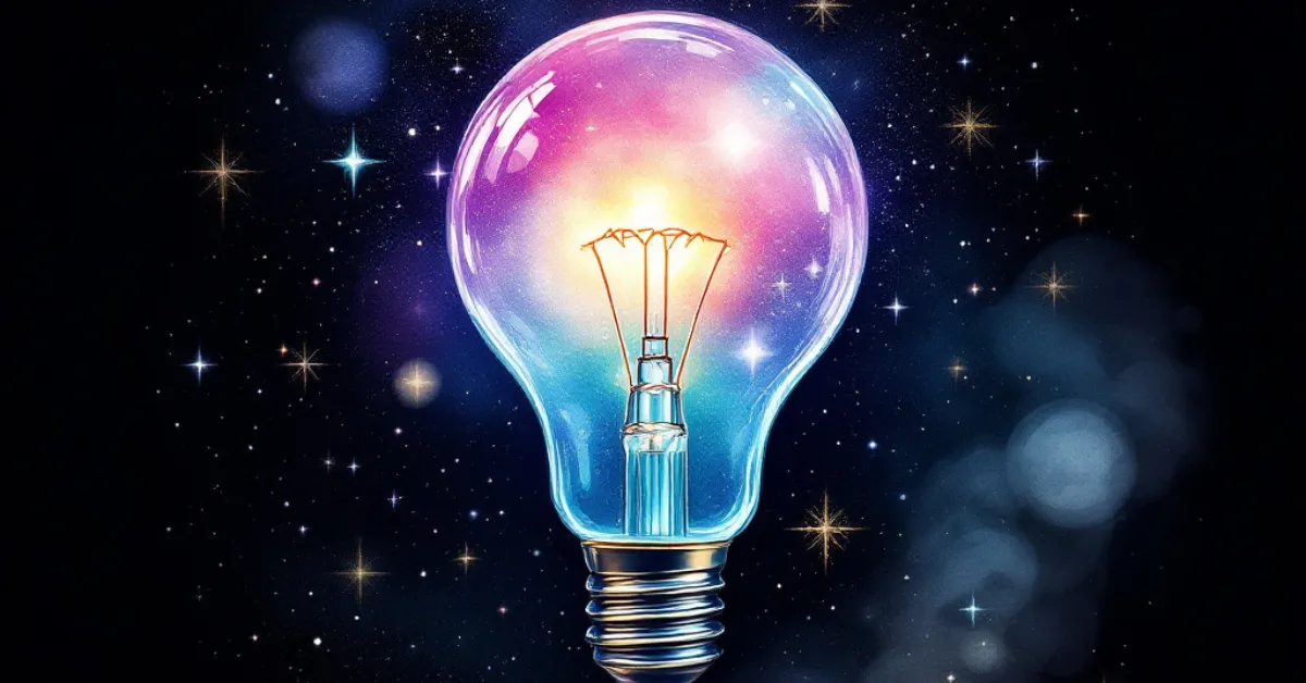 A vibrant illustration of a glowing light bulb filled with swirling pastel hues of pink, blue, and yellow, set against a cosmic background with twinkling stars. The image symbolizes creativity and inspiration in a celestial context.